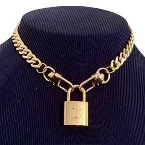 #321 Louis Vuitton Brass Lock & New Gold Plated Chunky Chain Necklace-No KEY